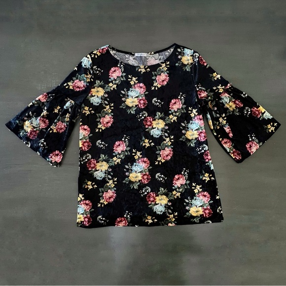 NEW Profile Apparel Black Velvet Pink Blue Yellow Floral Flower Print Shirt XL - Picture 1 of 4